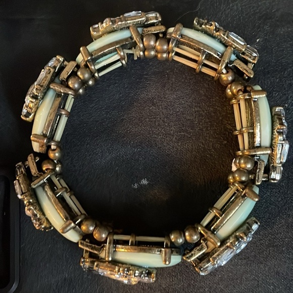 Vintage glass mint cabs clear crystals brass stretch Bracelet - Picture 3 of 6